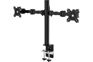 Amazon Basics Soporte para dos pantallas con brazo de montaje con altura ajustable, rotación de 360°, inclinación de pantalla ajustable y organizador de cables (acero), Negro