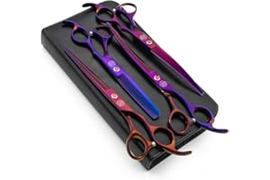 Moontay Professional 7.0" Dog Grooming Scissors Set, 4-Pieces Straight, Upward Curved, Downward Curved, Thinning/Blending Shears for Dog, Cat and Pets, JP Stainless Steel, Purple