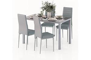 Jooli H Dining Table and Chairs Set 4, Glass Kitchen Table and 4 Faux Leather Foam High Back Padded Chairs Modern Furniture Sets for Dining Room, Kitchen, Office, Lounge, Grey