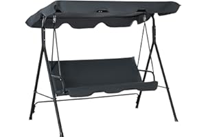 Outsunny Balancelle de Jardin 3 Places Toit Inclinaison réglable Coussins Assise et Dossier 1,72L x 1,1l x 1,53H m Acier époxy Noir Polyester Gris