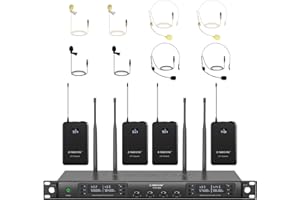 Phenyx Pro Wireless Microphone System, Quad Channel Cordless Mic Set with Four Bodypacks and Headsets/Lapels, 4x40 Channels, Auto Scan,328ft Coverage, Ideal for DJ, Church,Events(PTU-7000B)