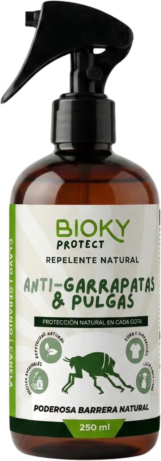 Bioky Protect Spray Garrapatas y Pulgas 250ml | Repelente ideal para Ropa, Casa, Camping, Excursiones | con Aceite de Geranio, Clavo y Canela | x10 veces Más Concentrado | No Mancha