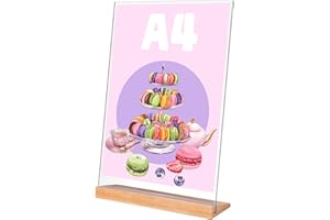 Yoosso Stojak na stół A4, akrylowy stojak na stół, w kształcie litery L, dwustronny, z drewnianą podstawą do reklamy, karta menu, fotografia, restauracja, sklep (21 x 30 cm)