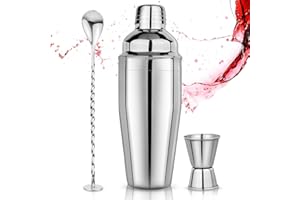 MAWISEK Cocktail Shaker Set 750ml Cocktailshaker Martini Shaker mit eingebautem Sieb - Professionelles Edelstahl Barkeeper Set inkl Messbecher, Bar-Löffel - Für Martini, Margarita & Mixgetränke, Silber