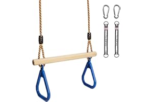 Katomi Balançoire trapèze Multifonction en Bois pour Enfants avec Anneaux de Gymnastique en Plastique pour accrocher jusqu'à Une Charge de 120kg Bleu (Ringschaukel)