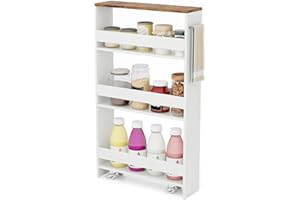 COSTWAY Chariot de Rangement 13 cm à roulettes, Desserte de Cuisine Etroit à 4 Niveaux avec Poignée Latérale et Roues Universelles avec Freins, Design Étroit pour Petit Espace (Blanc + Indstriel)