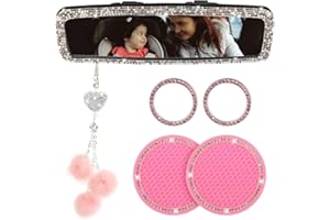OUTIGU Bling Rhinestone Rear View Mirror, Crystal Ball Plush Pendant Ornament, Bling Car Coaster, Key Ignition Starter, Diamond Car Accessories for Women and Man, 6 Set Car Interior Decoration (pink)