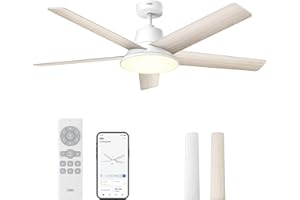 Dreo ventilador techo inteligente de 132 cm con luz LED regulable, 12 velocidades, 3 modos, temporizador de 12h, motor DC silencioso, control por control remoto/APP/Alexa, blanco para interiores