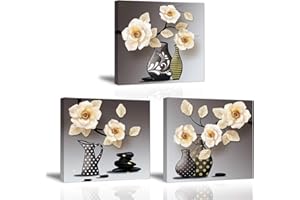 Piy Painting Impression Giclée sur Toile Tableau de Fleur de Gardénia Artistique Moderne Image Vase Abstrait Tendue sur Châssis Prêt à Accrocher Déco d'art Murale Pour Cadeau Anniversaire 3X 30x30cm