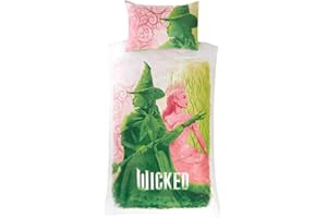 dreamtex Wicked Glenda & Elphaba Reversible 2 in 1 Design Single Duvet Cover and Pillowcase Set - Polycotton Material -Washable Perfect for Children, Kids, Girls in a Pink and Green Colorway
