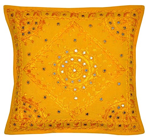 Indischen ethnischen Handgefertigtes Kissen mit Stickerei & Spiegel Arbeit 5 Stück, 43 X 43 Cm Cm gelb - 2