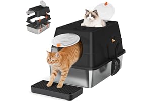 Citylife Stainless Steel Cat Litter box with Lid, Large Enclosed Metal Cat Litter Tray with Scoop & Steps, 120°Flip-top, Easy Clean, Non-Sticky, Non-Odor, Black