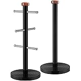Tower T826002RB Linear Kitchen Roll Holder and Mug Tree with Weighted Base, Stainless Steel, Black and Rose Gold, 15 x 15 x 3