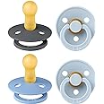 BIBS Colour Soother 4-Pack, BPA Free Dummy Pacifier, Round Nipple. Natural Rubber Latex, Made in Denmark. 6-18 Months (Pack of 4), Baby Blue Colours