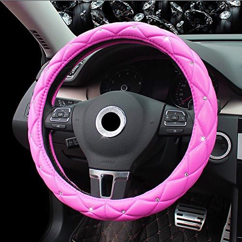 Universal Car Steering Wheel Cover Steering Wheel Cover Diamonds PU Leather 37-39CM/15" Anti Slip Protector Steering Wheel Protector For Women &amp; Girls - Rose Pink