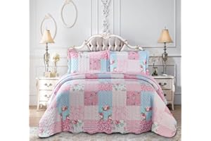 GonZalo GraCia. 3 Piece Bedspread Printed Patchwork Quilted Reversible Bed Spread King Bed UK Size (Floral Grey, King)