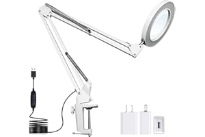 Nuscen Magnifying Glass with Light,16cm Lamp Panel, Magnifying Glass Lamp,10-Step Dimmable,3Color Modes 72 LED,Swing arm Moving360°,Retractable Stand For Learning Fine Work USB Port(White37cm)