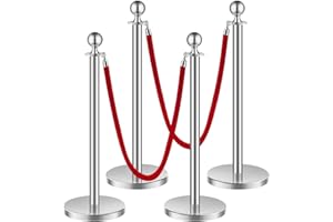 VEVOR Poteau de guidage, 4 pcs, barrière de balisage pour contrôle de foules, avec base creuse, 2 cordes velours rouge et poteaux argentés en acier inox, pour file d'attente en public, hôtel, fête