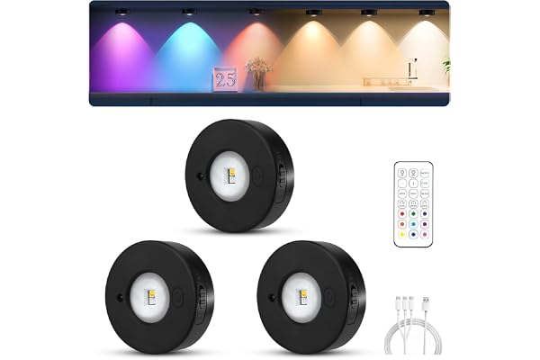 MERTTURM USB Uppladdningsbar Spots, 1200mAh LED Skåpbelysning, 3 Färgtemperaturer 9 RGB Färger, Dimbar LED Spot, Vitrinbelysning är Lämplig För Garderober, Kök, Vitrinskåp[3 pack]