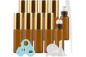 TIANZD 20 Stück Leere 5 ml Braunglas Roller Flaschen mit Gold Schraubverschluss, Bernstein Roll-On Glasflaschen mit Glasroller für Ätherische Öle Essential Oil mit Trichter Öffner Pipetten
