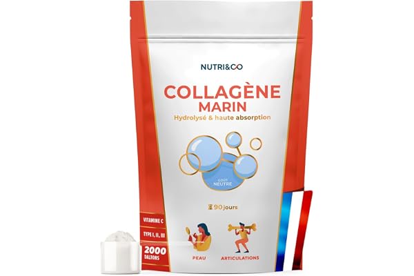 NUTRI & CO Collagene Marin Poudre Types 1, 2, 3 + Vitamine C, Breveté Naticol® & Cartydiss®, Peptides Hydrolysés 2000 DA, Format 90jrs 540g, Goût Neutre, Fabriqué en France