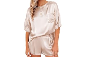 Ekouaer Satynowa piżama damska, krótka piżama, jedwabna bielizna nocna, top i szorty do spania, dwuczęściowa, z kieszenią