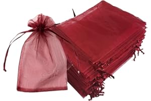 Rapecott 9x12cm 100pz Organza coulisse sacchetti regalo, sacchetti tulle portaconfetti, confetti comunione, bustine per gioielli, compleanno natale bomboniere sacchetti piccoli regalo (Vino rosso)