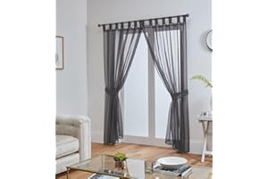 John Aird Pair Of Woven Voile Tab Top Curtain Panels. Tiebacks Included (Dark Grey, 58" Wide x 90" Drop)