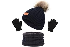 NLAND 3 in 1 Set de Bufanda Gorro Guantes Niña Niño Conjunto de Cálido Gorro de Punto Invierno con Pompon, Braga Cuello con Forro Polar y Guantes Termicos para Niña Niño 2-6 Años