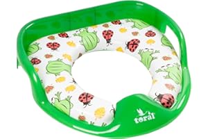 Asiento Reductor Acolchado con Asas para WC. Ayuda al aprendizaje de bebés y niños. Adaptador infantil portátil para váter MundiBebé +18 meses. Modelo Ranas