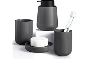 Autumnlife Keramik Badezimmer Zubehör Set, 4-teiliges Seifenspender Set Anthrazit Badezimmer Set inklusive Seifenspender und Seifenschale, 2 Zahnputzbecher für Zuhause und Bad, Grau