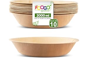 FOOGO Green 10pcs Bols Jetables en Feuille de Palmier, 30cm, 2000ml Rond, pour Desserts & Salade, Écologique Biodégradable Compostable, Comme Bols Bois, Bambou et Papier, Fête, Apéritifs