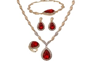 YAZILIND Women Bridal Red Crystal Jewelry Sets 18K Gold Plated Necklace Earrings Bracelet Ring Sets