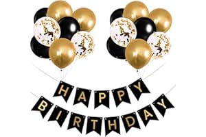 OHugs Happy Birthday Banner, Black and Gold Birthday Decoration - Birthday Banner with 12inch Balloons, Ribbon and Adhesive Wall Hooks for Happy Birthday Decorations for Men, Boys, Women and Girls
