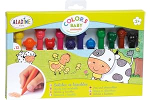 Aladine - 12 Crayons de Cire « Animaux » - Pastel Enfant Couleur - Dès 2 Ans - Lavables & Faciles à Prendre en Main - Mes Premiers Crayons - Colors Baby Animals - 2 à 4 Ans - 42015