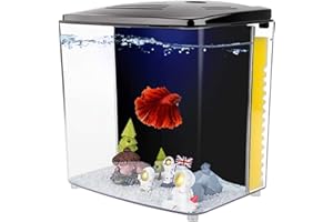 Craftsboys Fish Tank 4.5L Betta Aquarium Starter Kits with Backwall Filter, Led Light. Clear Acrylic Fish Tank for Small Fish (Black)