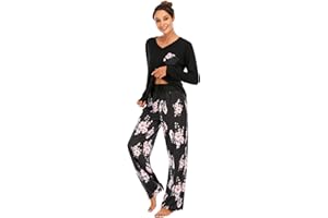 Famulily Women Comfy Pajamas, Ladies Pyjamas Set Floral Printing Long Sleeve Loungewear Top and Wide Leg Pants Pjs Set Soft Nightwear Sleepwear