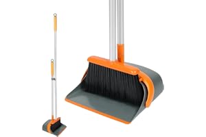 Stainless Steel Upgrade Broom and Dustpan Set, Self-Cleaning with Teeth, Indoor & Outdoor Floor Sweeping, Ideal for Dog Cat Pets Home Use, Stand Up Design