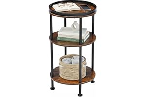YEAKOO Nordic End Table, 3-Tier 30cm Round Side Table with Storage Shelf Edge Protection Tray, Sturdy Metal Frame Coffee Table Bedside Table for Living Room Bedroom Small Spaces-Rustic Brown