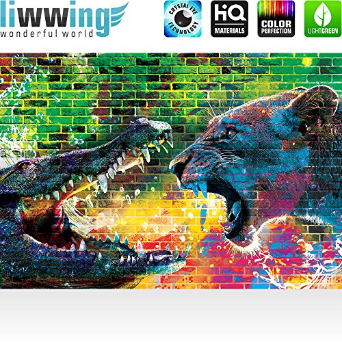 Vlies Fototapete 312x219cm PREMIUM PLUS Wand Foto Tapete Wand Bild Vliestapete – Graffiti Tapete Steinwand Steine Graffiti Tiere Krokodil Löwe Wasser bunt – no. 1918 - 2