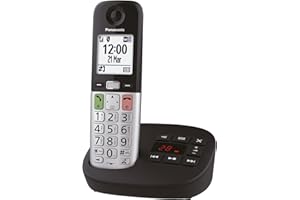 Panasonic KX-TGU430EXB Teléfono Inalámbrico Digital con Contestador Automático, Volumen Amplificado, Unidad Base y 1 Auricular, Pantalla LCD, Linterna, Compatible con Audífonos, Negro y Plateado