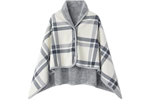 WINKEEY Femme Poncho Polaire Plaid Châle Polaire Cape Chaud d'hiver avec Boutons Couverture à Carreaux