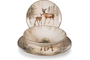 H&H, Magiczny stół bożonarodzeniowy z jeleniem, 18-częściowy zestaw talerzy kamiennych z jeleniem, jeleniem i zimowymi lasami, idealne na Boże Narodzenie i zimowe kolacje