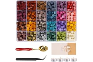 ‎MICTER MICTER Siegelwachs Perlen Set, 24 Farben 600 Stück Siegelstempel Achteckig mit 1 Löffel, 4 Weißen Kerzen und 1 Pinzette für Wachs Umschlägen, Briefe, Hochzeitseinladungen Karten und DIY