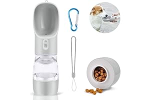 TUNAON Portátil Botella de Agua para Perros Gatos，Multifuncional Botella para Perros，Botella de Agua para Cachorro de Prueba Fugas con Alimentador para Viajar al Aire Libre (Ceniza, 258ML)