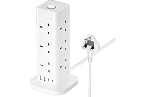 Tower Extension Lead with USB Slots, Hotimy 12 Way Extension Tower Surge Protection with 4 USB Slots (2 Type C & 2 USB A) Multi Plug Tower Power Strip 3250W 13A Extension Cord 2M for Phone,Tablet, TV