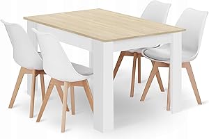 NMK HOME Conjunto Mesa Rectangular 120 x 80 cm y 4 Sillas Comedor Blancas - Mesa de Cocina con Sillas con Cojín de Cuero Sintético y Patas de Madera de Haya