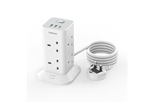 Tower Extension Lead with USB C Slots, TESSAN 8 Way Plug Extension Socket with Switch, Surge Protected Power Strip with 2M Cable for Home, School Supplies