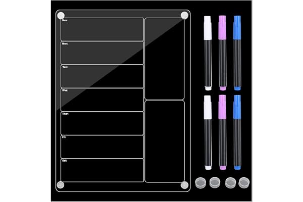 XTDMJ Planificateur hebdomadaire magnétique en acrylique transparent pour réfrigérateur avec 6 marqueurs de couleurs