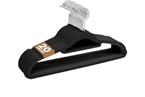 Sasha Morel 20 Pack Velvet Coat Hangers – Non Slip Velvet Hangers for Clothes, Space Saving Adult Hangers with Tie Organizer & Swivel Hooks – Clothes Hangers Wardrobe Storage - Black